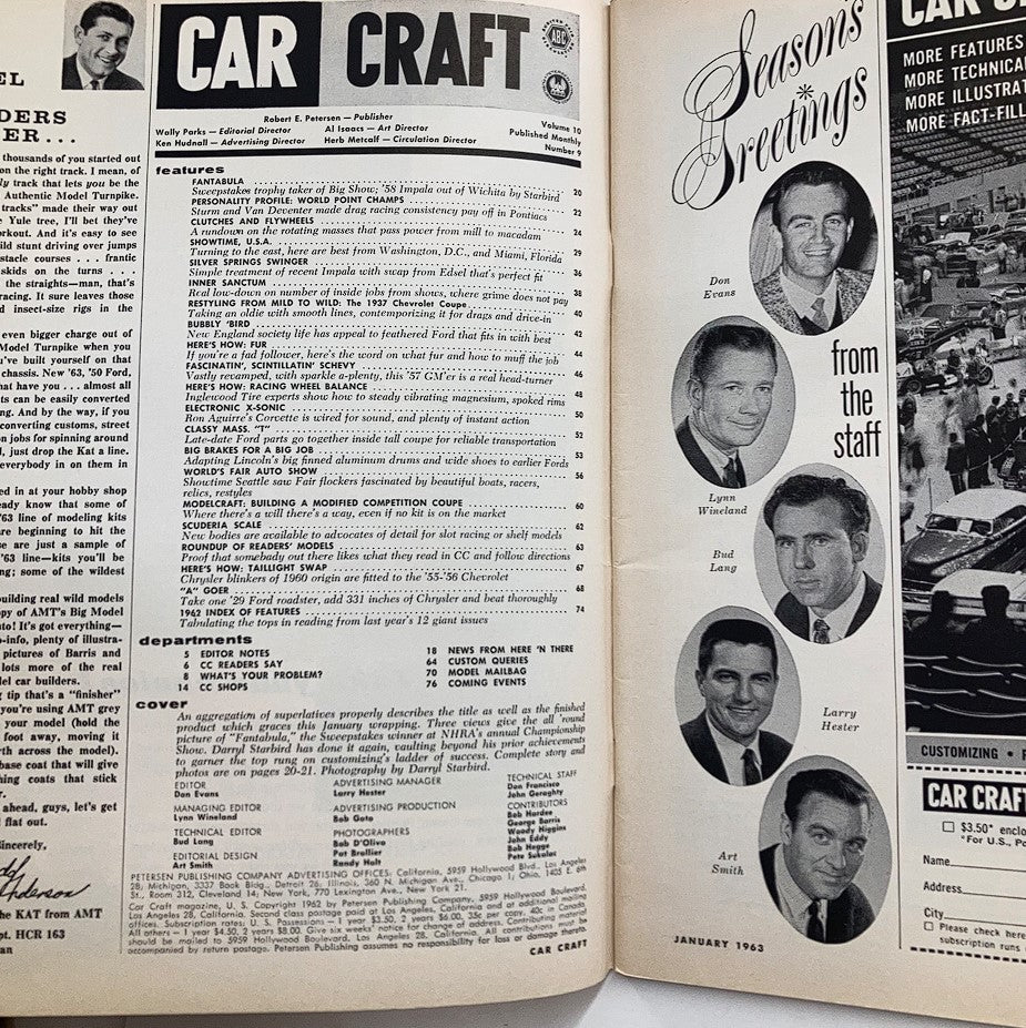 Inside page of VTG Car Craft Magazine January 1963 displaying the table of contents and staff greetings, offering insight into classic automotive culture and features from that era.