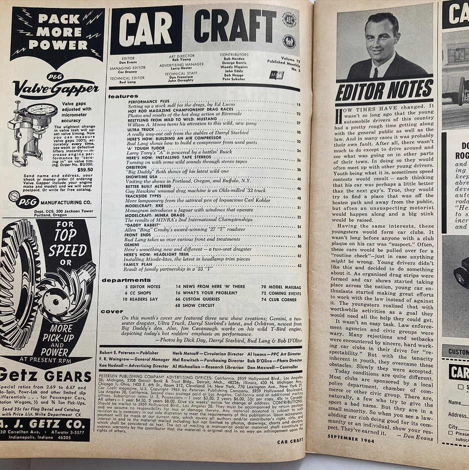 Inside page of the VTG Car Craft Magazine September 1964 Vol 12 #5 displaying the table of contents and editorial notes, highlighting automotive features and community.