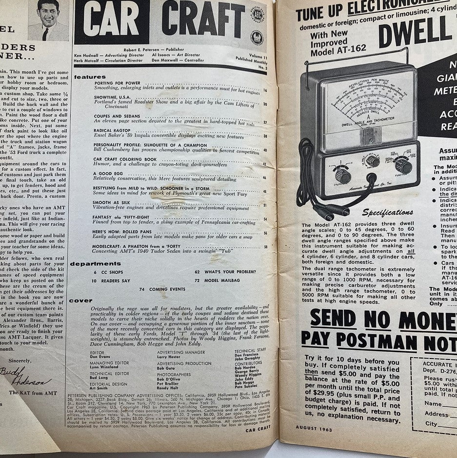 Inside page of VTG Car Craft Magazine August 1963, Volume 11, Issue #3 displaying the table of contents and features including 'Porting for Power' and technical product advertisements.