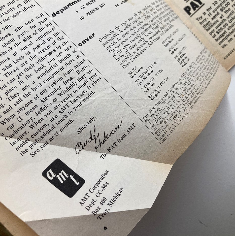 Close-up view of an inside page from VTG Car Craft Magazine August 1963, Volume 11, Issue #3 showcasing editorial content and signature from Buddy Anderson, the KAT from AMT.