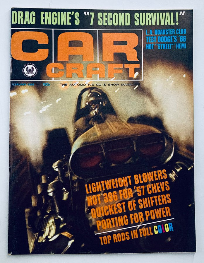 VTG Car Craft Magazine February 1966 Vol 13 #10 cover showcasing a drag engine with bold text emphasizing performance and features including lightweight blowers and quick shifters.
