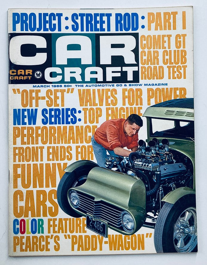 Cover of VTG Car Craft Magazine March 1966 Vol 13 #12 featuring a vintage car and articles on Funny Car front axles and drag racing.