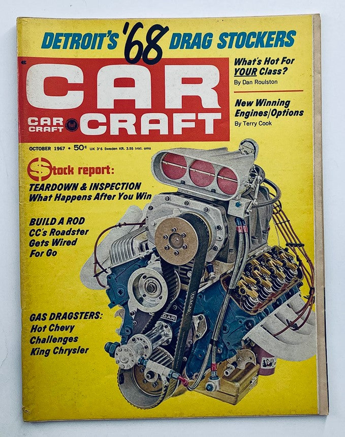 VTG Car Craft Magazine October 1967 cover featuring automotive topics, including 'Build A Rod', showcasing a classic car engine and design elements.