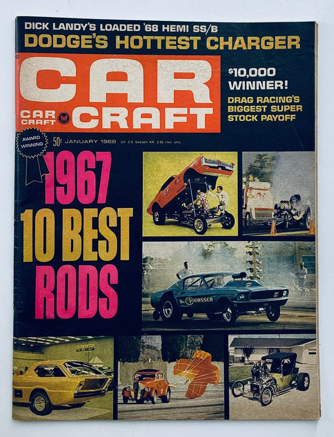 Cover of VTG Car Craft Magazine January 1968 Vol 16 #1 featuring the '1967 10 Best Rods', showcasing classic cars and drag racing elements.