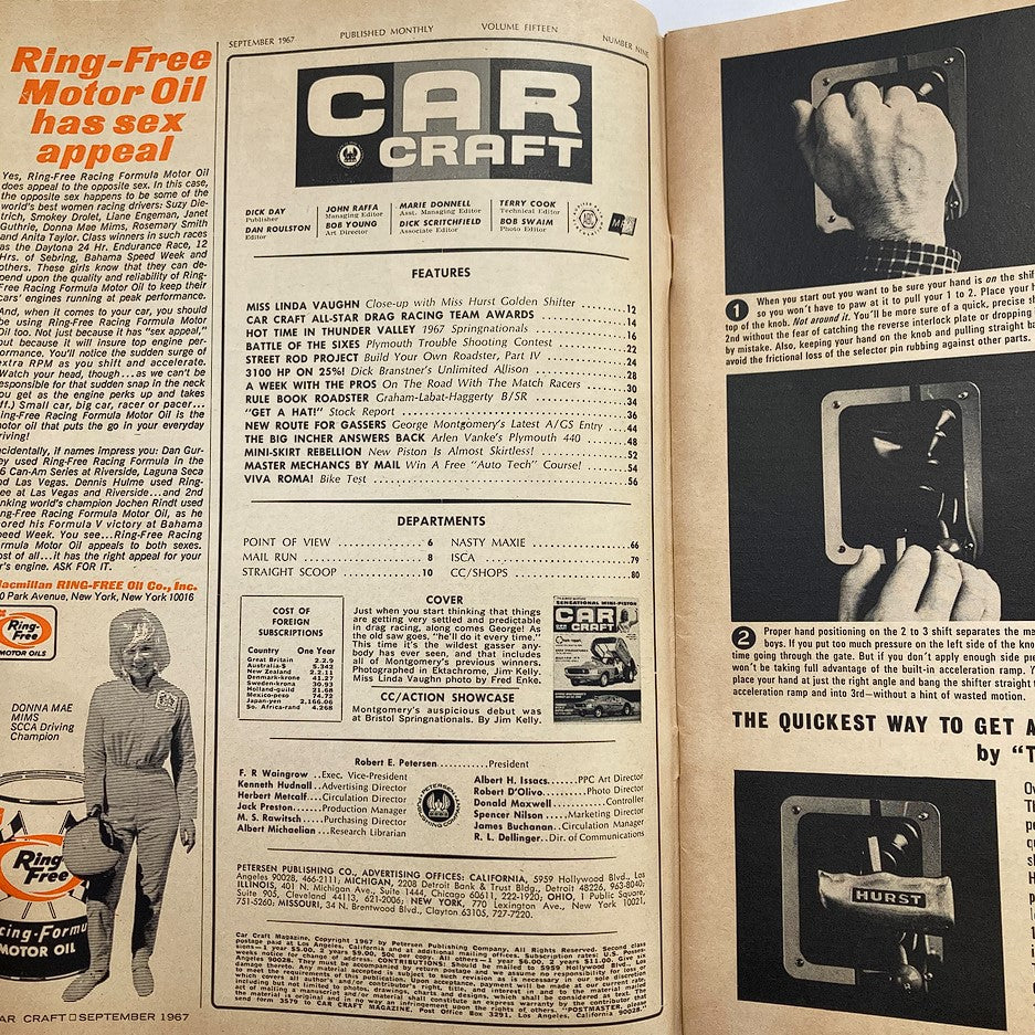 Interior page of VTG Car Craft Magazine September 1967 Vol 15 #9, showcasing contents and features related to drag racing, with advertisements and articles highlighted.
