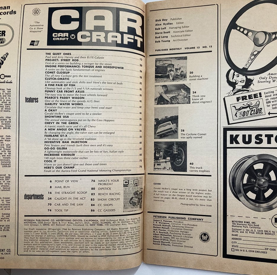 Interior page of VTG Car Craft Magazine March 1966 Vol 13 #12 showing the table of contents and features related to automotive performance and classic cars.