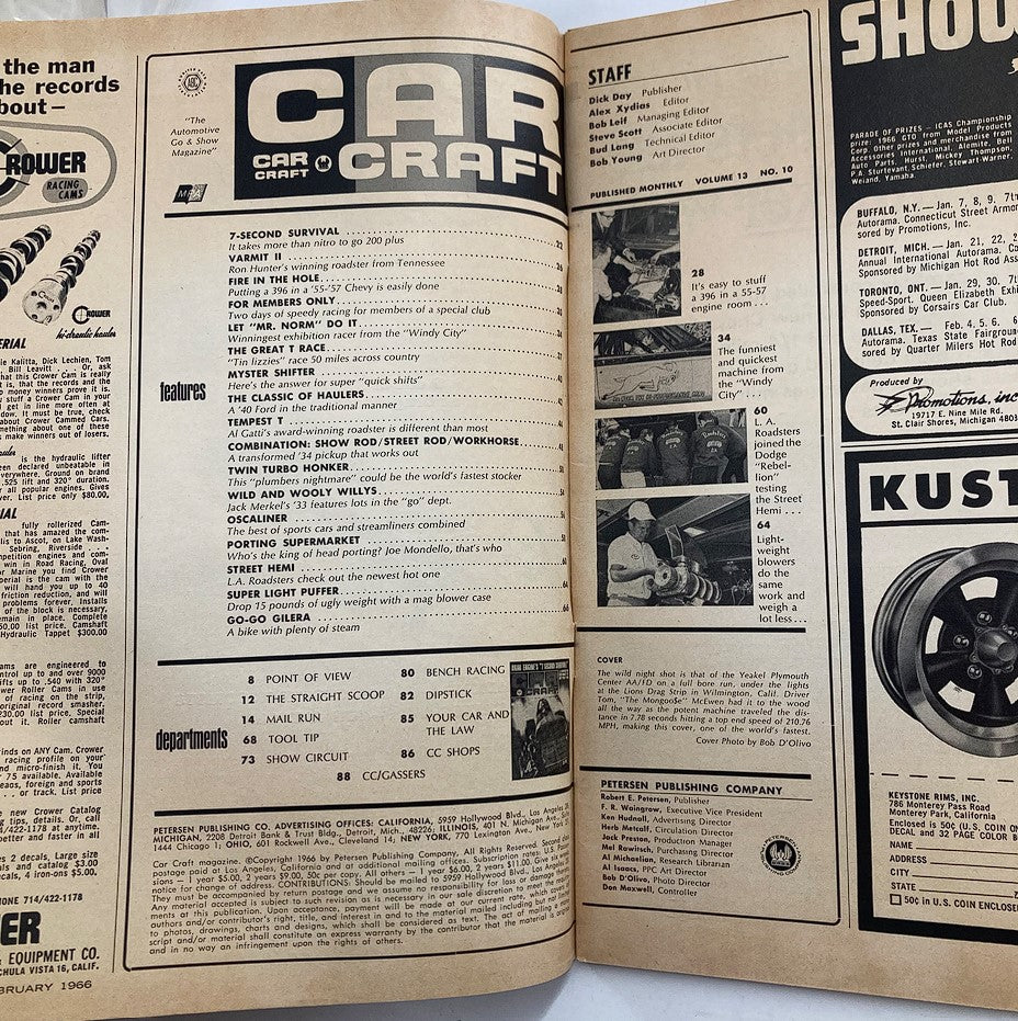 Inside page of VTG Car Craft Magazine February 1966 Vol 13 #10 displaying the table of contents with features such as '7-Second Survival' and 'The Classic of Haulers' along with staff credits.