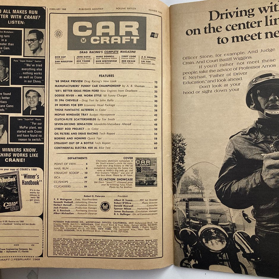 Inside page of VTG Car Craft Magazine February 1968 Vol 16 #2 showcasing articles and features related to drag racing and automotive performance.