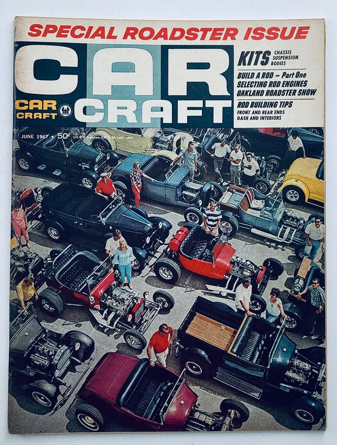 Cover of VTG Car Craft Magazine June 1967 Vol 15 #6 featuring a special roadster issue, showcasing various hot rods and enthusiasts at a car show.