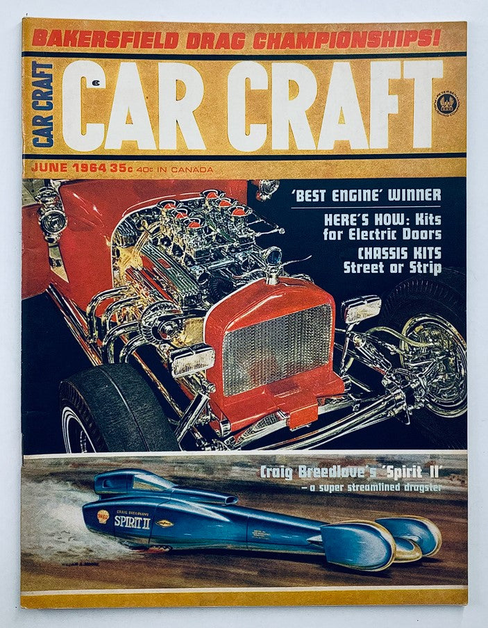 Cover of VTG Car Craft Magazine June 1964 Vol 12 #2 featuring Craig Breedlove's Spirit II, showcasing a colorful automotive design and the headline 'BAKERSFIELD DRAG CHAMPIONSHIPS!'.