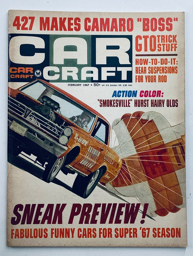 Cover of VTG Car Craft Magazine February 1967 Vol 15 #2 featuring Smokesville Hurst Hairy Olds, with a vibrant graphic design highlighting muscle cars.