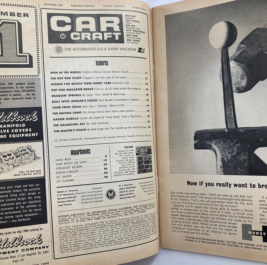 Inside pages of VTG Car Craft Magazine September 1966 Vol 14 #7 displaying table of contents and features including 'The Hot Rod Story' and other articles about classic cars.