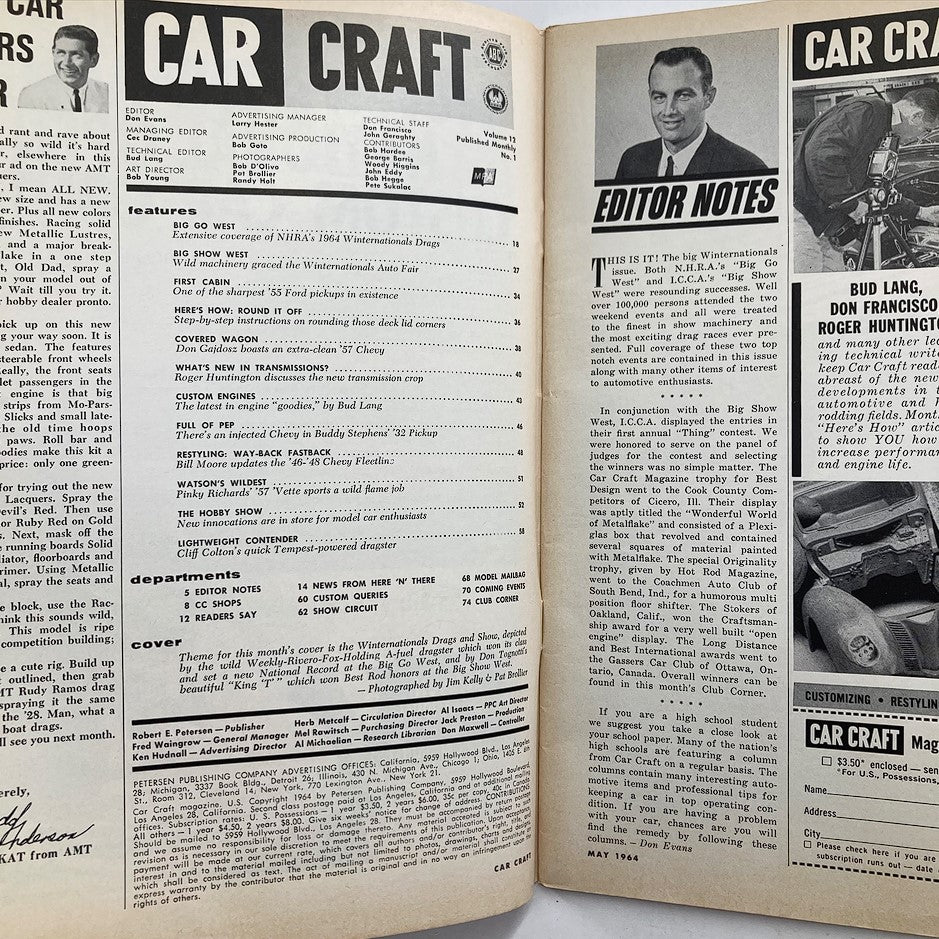 Interior page of VTG Car Craft Magazine May 1964 Vol 12 #1 showcasing editor notes and features on automotive innovations and drag racing.