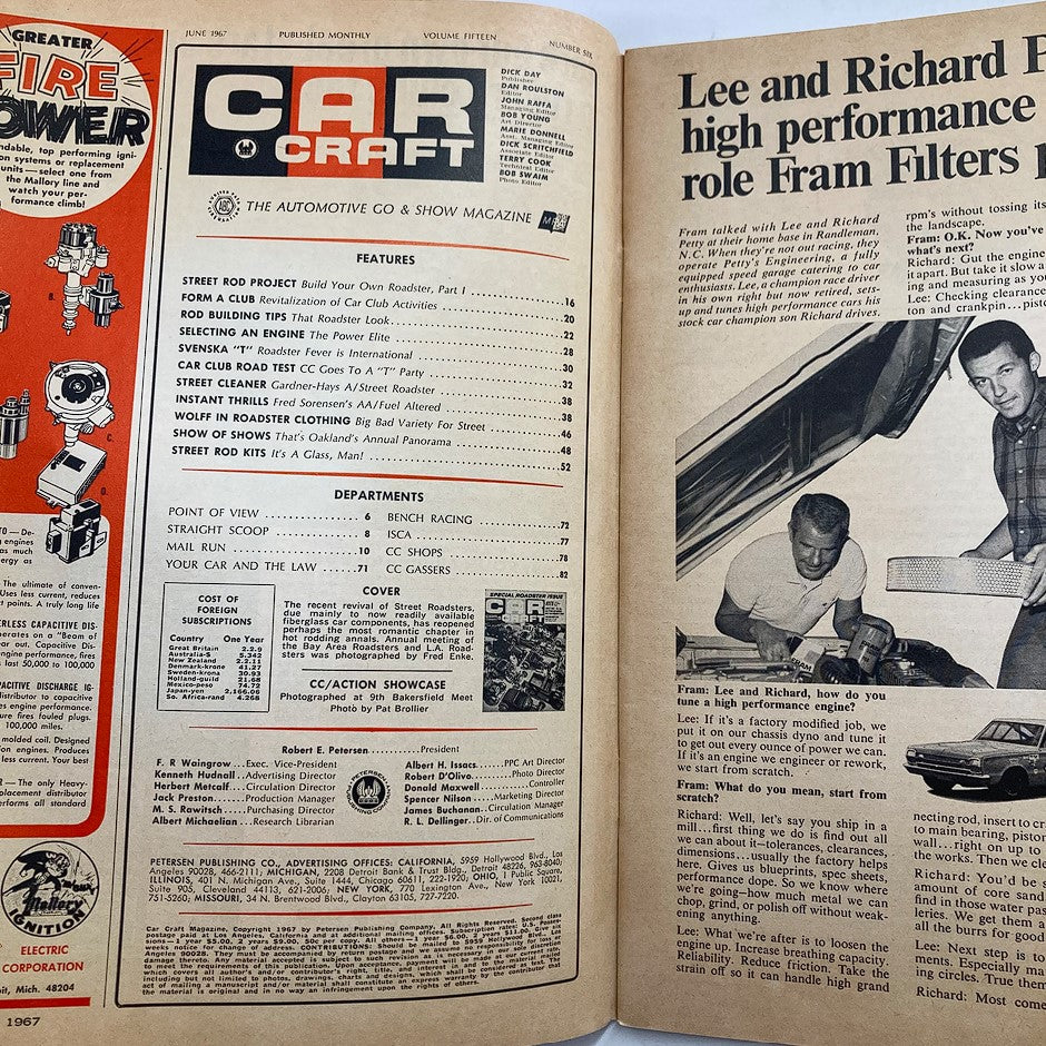 Inside pages of VTG Car Craft Magazine June 1967 Vol 15 #6, displaying features on rod building tips, club activities, and automotive insights.