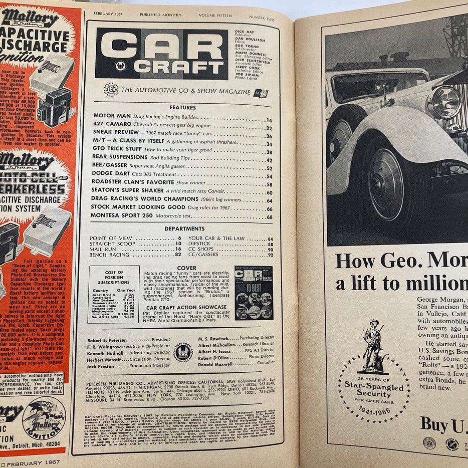 Interior page of VTG Car Craft Magazine February 1967 Vol 15 #2 showcasing features and articles related to automotive trends, muscle cars, and a sneak preview of upcoming events.