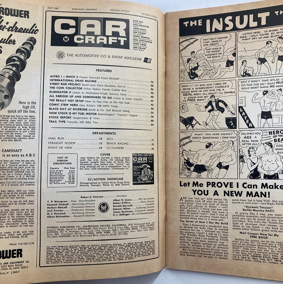 VTG Car Craft Magazine July 1967 inside pages showcasing features including 'Astro I - Mach 2 Future Forecast from Detroit' and comic strip content.