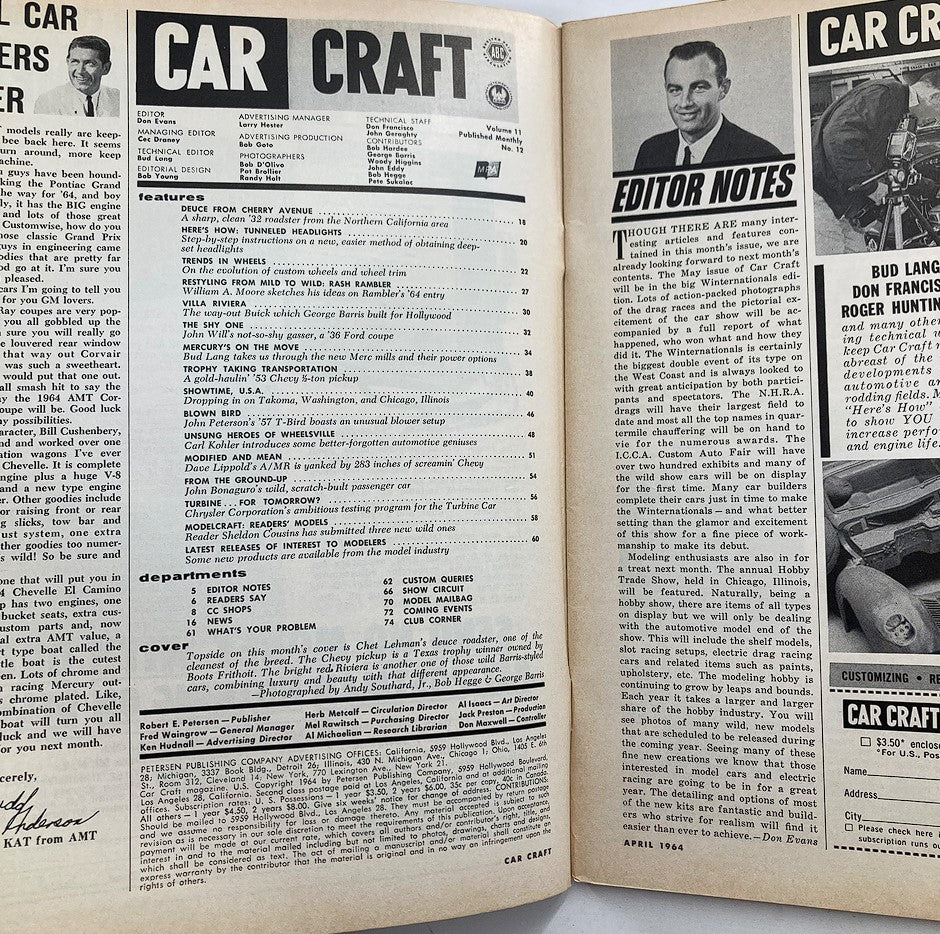 Inside page of VTG Car Craft Magazine April 1964 Vol 11 #12 displaying the table of contents and editor notes, highlighting topics related to custom car modifications and vintage automotive culture.