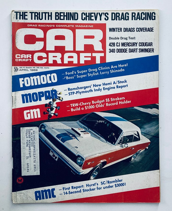 Cover of VTG Car Craft Magazine from April 1969, Volume 17, Issue #4, featuring the title 'The Truth Behind Chevy's Racing.' The magazine includes articles on drag racing, winter drags coverage, and features a classic car on the front.