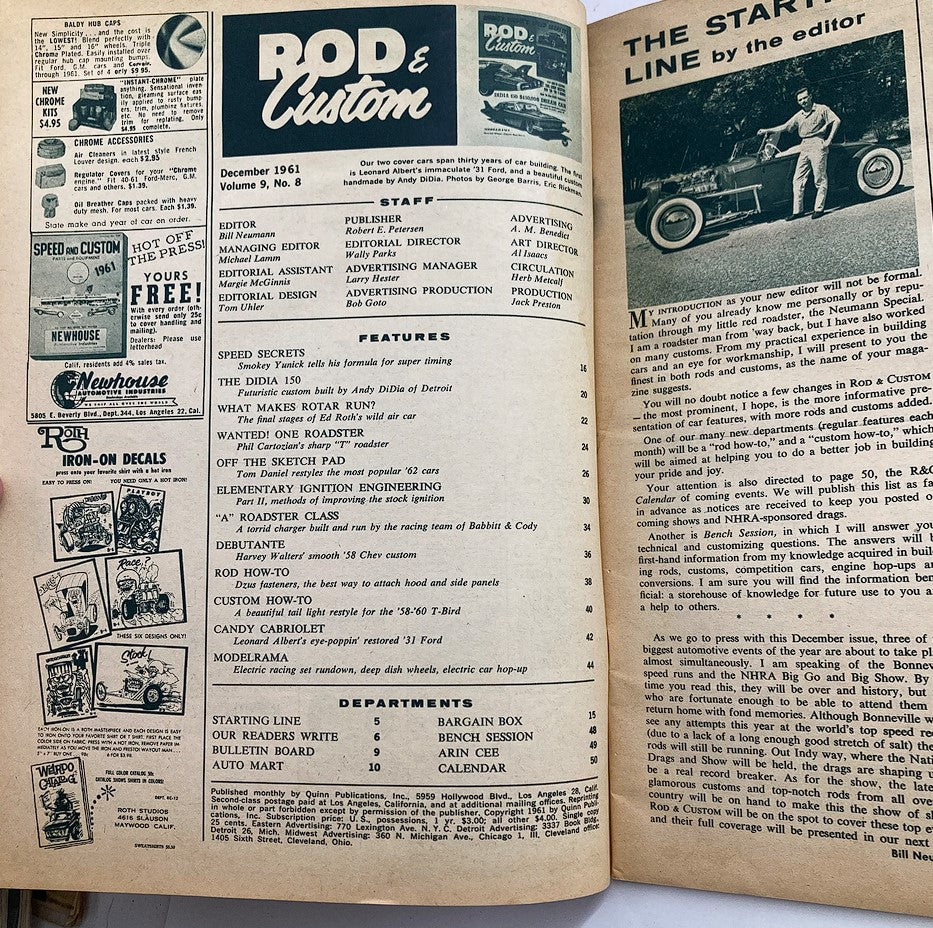 Inside pages of VTG Rod & Custom Magazine December 1961 Vol 9 #8 featuring the editorial page, staff credits, and contents listing for articles related to classic car culture.