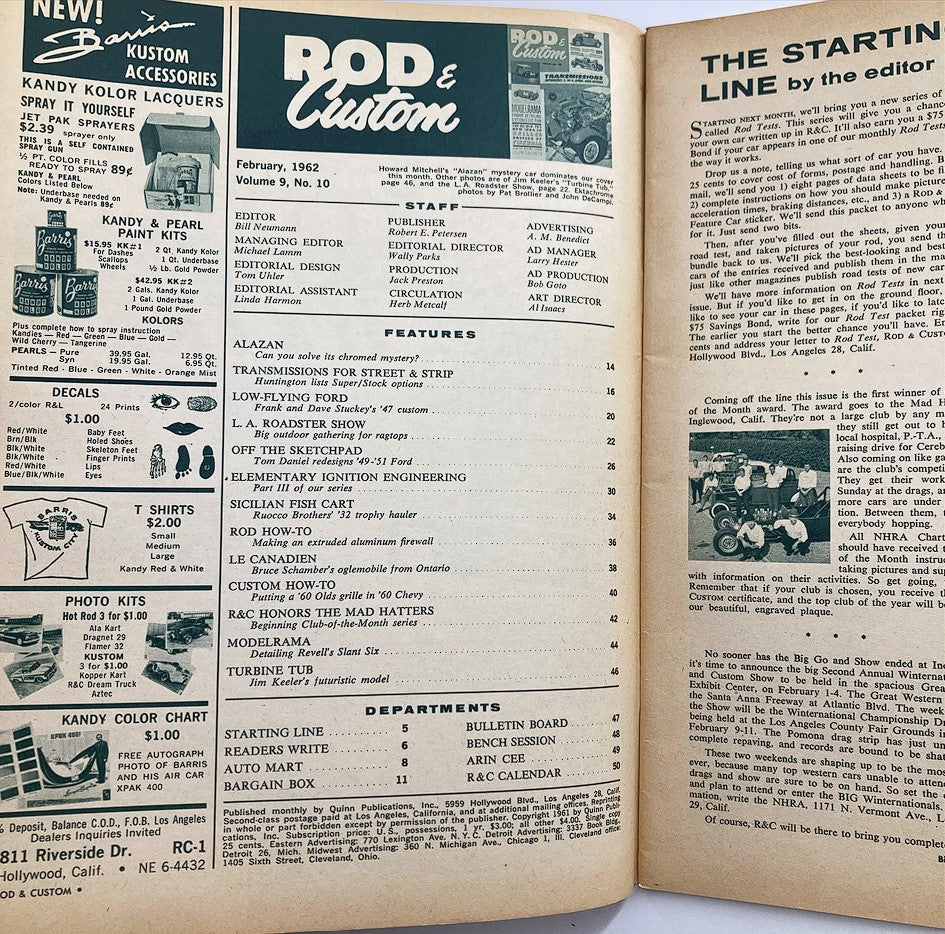 VTG Rod & Custom Magazine February 1962, Volume 9 #10 featuring the table of contents and staff information, showcasing features on street transmission techniques and automotive culture of the early 1960s.