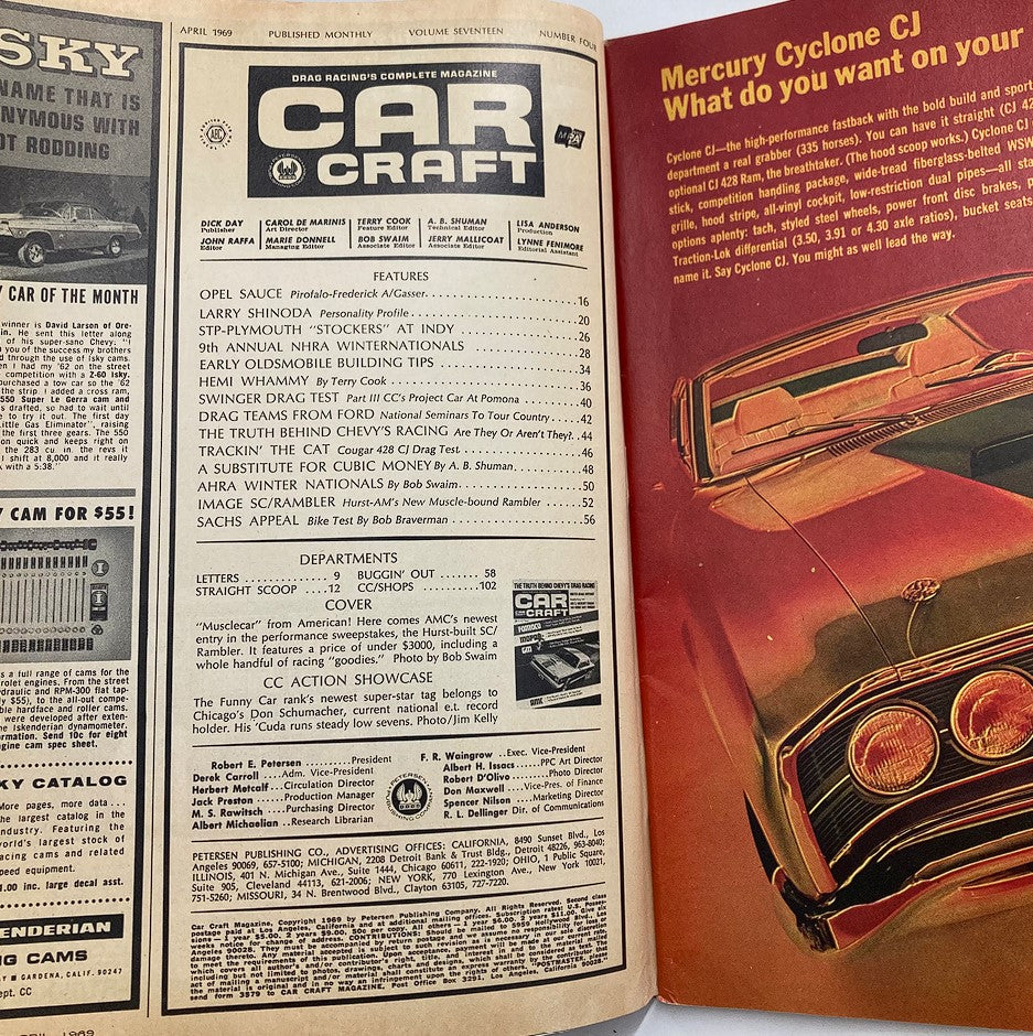 Inside view of VTG Car Craft Magazine April 1969 Vol 17 #4 showcasing features on Chevy racing, automotive tips, and advertisements, highlighting key content and imagery related to car culture.