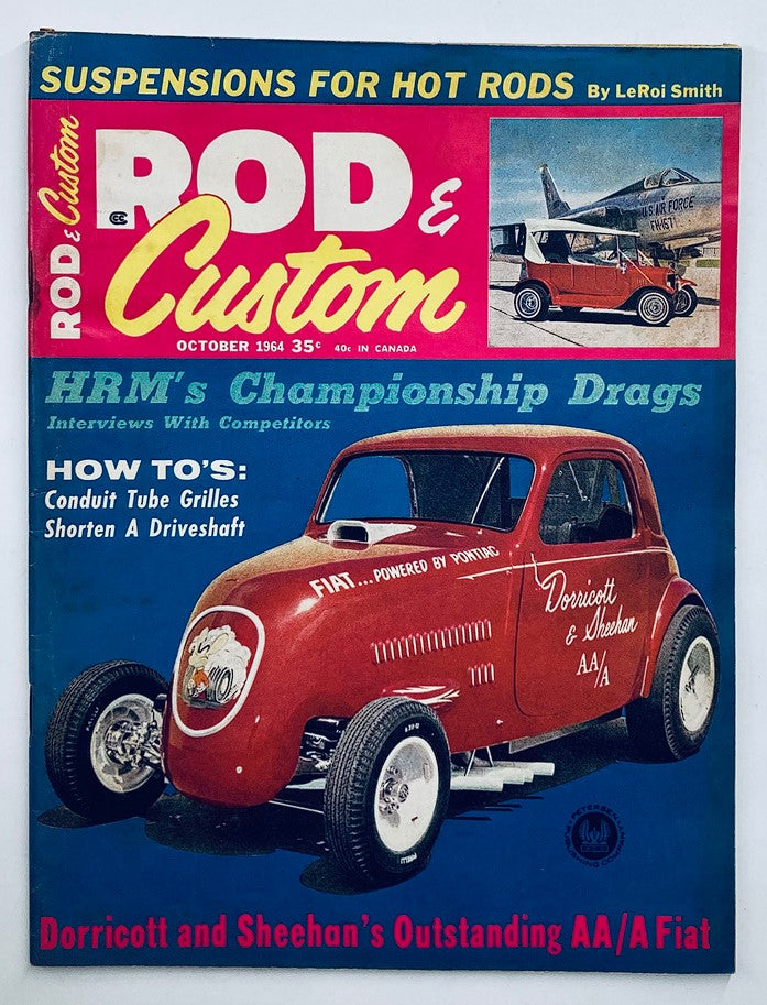 Cover of VTG Rod & Custom Magazine from October 1964, Volume 12, Issue 6, featuring HRM's Championship Drags and a red AA/A Fiat on the front.