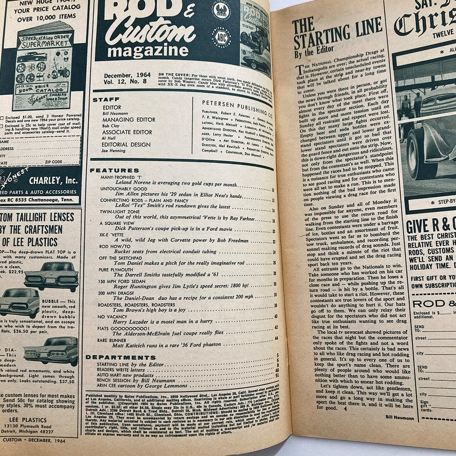 Inside pages of Rod & Custom Magazine, December 1964, Vol 12 No 8, showcasing articles and content relevant to hot rodding and custom cars.