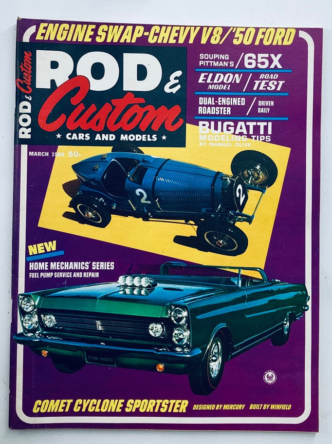 Cover of VTG Rod & Custom Magazine March 1965, Volume 12, Issue 12 featuring the Comet Cyclone Sportster with a colorful design and multiple articles on automotive topics.