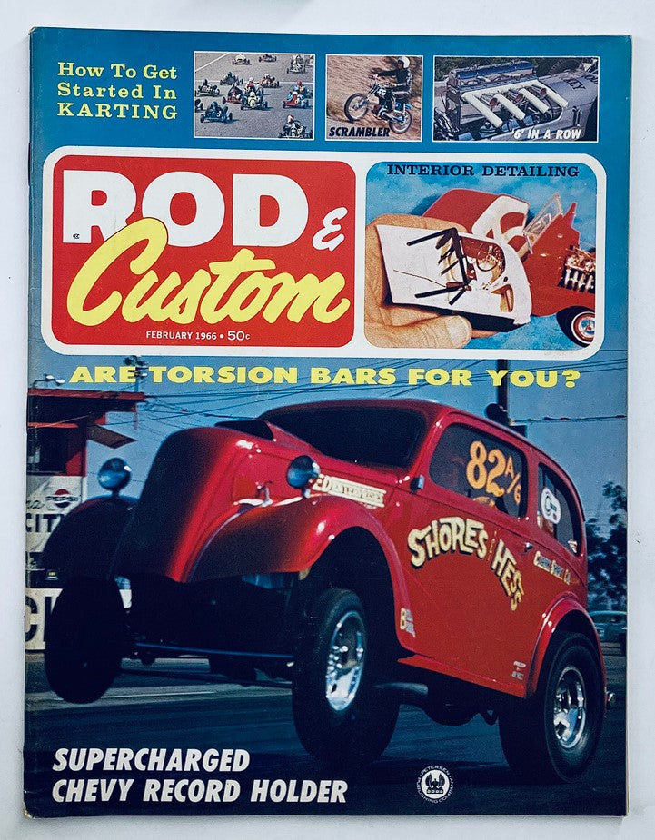 Cover of VTG Rod & Custom Magazine February 1966 Vol 13 #10 featuring a supercharged Chevy Record Holder, showcasing a vibrant red custom car with 'Shores & Hess' branding, highlighting the dynamic era of American automotive culture.