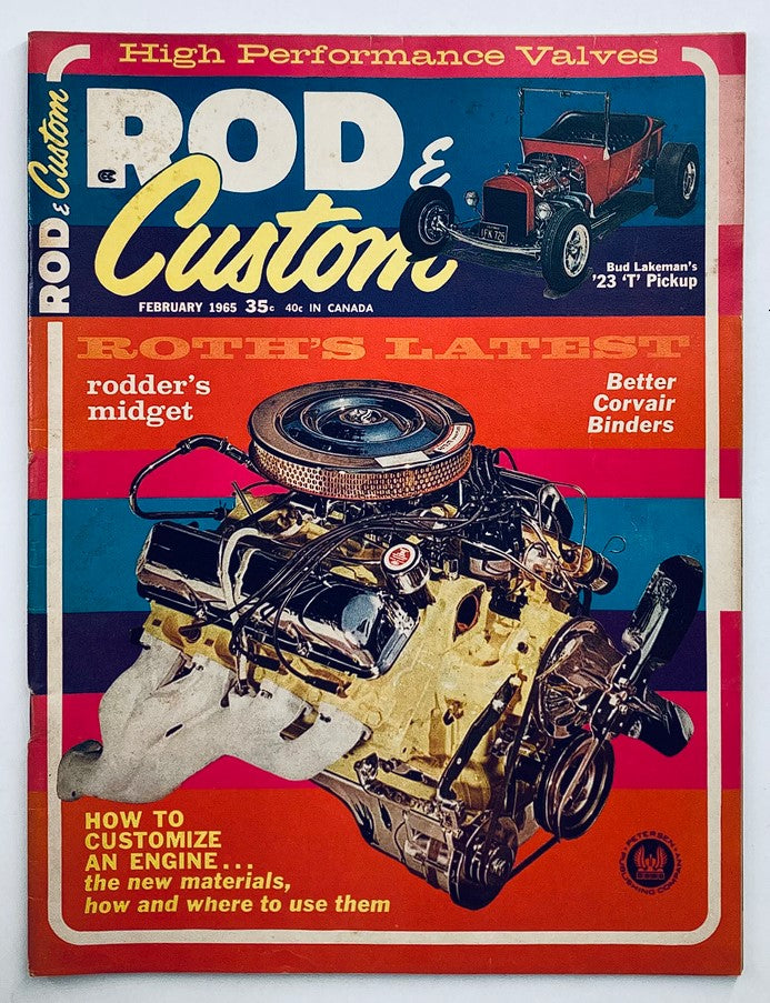 Cover of VTG Rod & Custom Magazine February 1965 Vol 12 #10 featuring Rodder's Midget, showcasing an engine and classic car imagery.