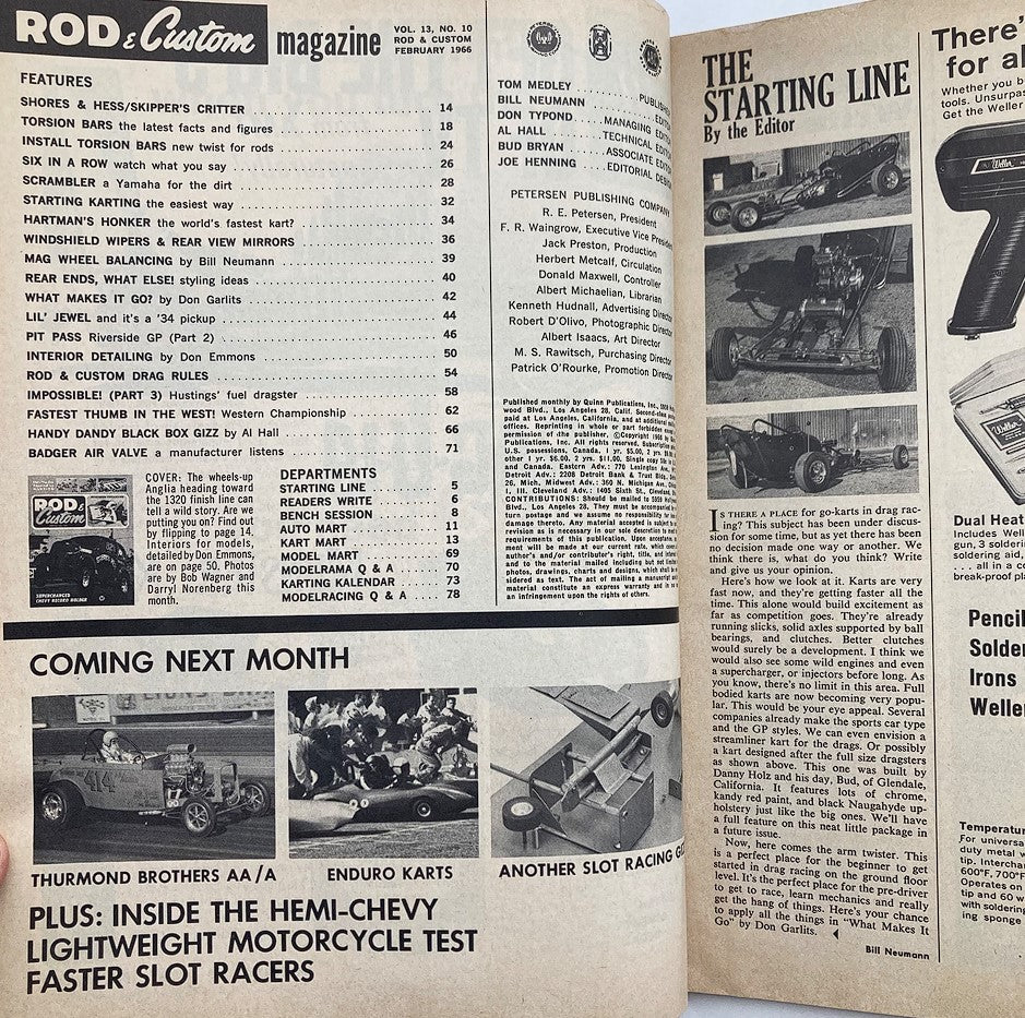Interior pages of VTG Rod & Custom Magazine February 1966 Vol 13 #10, displaying the Table of Contents with features on torsion bars, slot racing, and upcoming topics, reflecting the automotive innovations and interests of the time.
