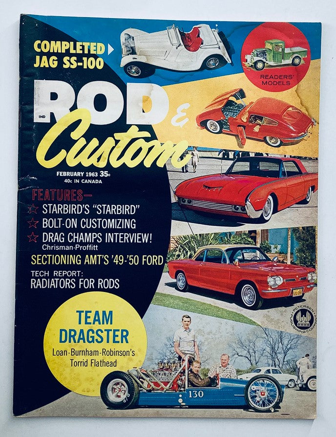 Cover of VTG Rod & Custom Magazine February 1963 Vol 10 #10 featuring vibrant images of classic cars, highlighting bolt-on customizing and automotive culture from the 1960s.