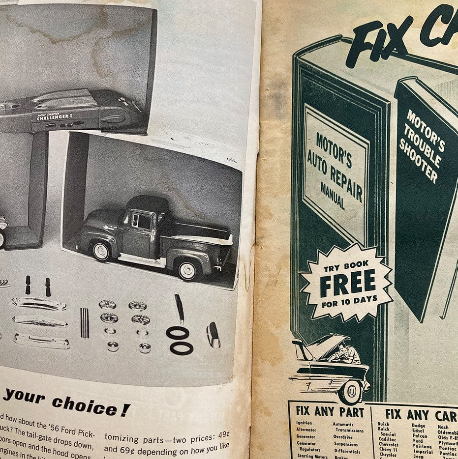 Interior page of VTG Rod & Custom Magazine February 1963 Vol 10 #10, displaying a vintage advertisement for model car kits including toy trucks and a repair manual, highlighting classic automotive collectibles.