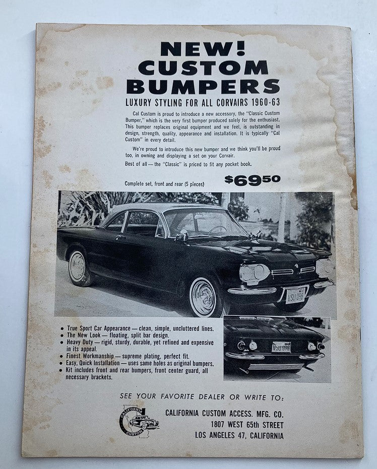 Back cover of VTG Rod & Custom Magazine February 1963 Vol 10 #10, showcasing an advertisement for custom bumpers for Corvair cars, illustrating classic car accessories and promotional pricing.