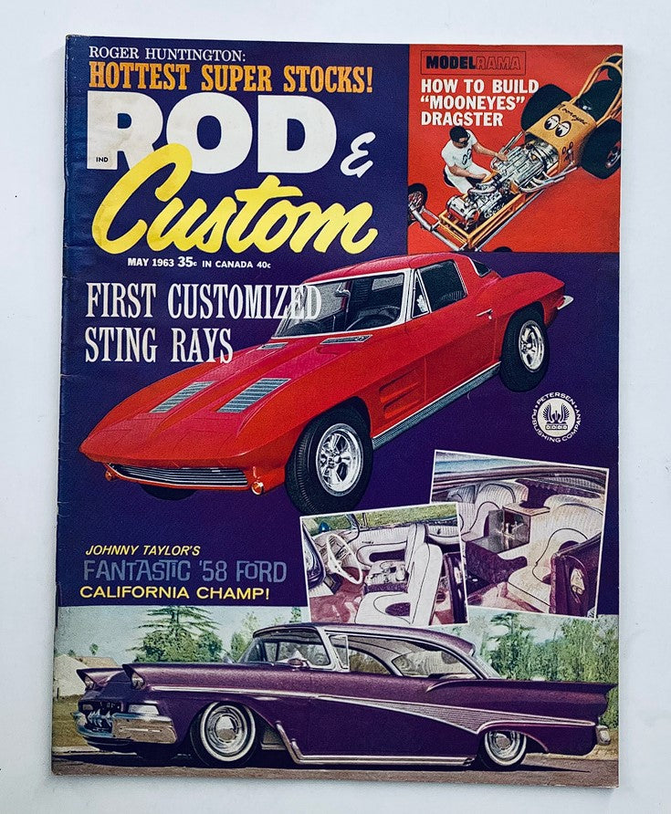 Cover of VTG Rod & Custom Magazine May 1963 Vol 11 #1 featuring the iconic '58 Ford, automotive visuals, and car culture highlights.