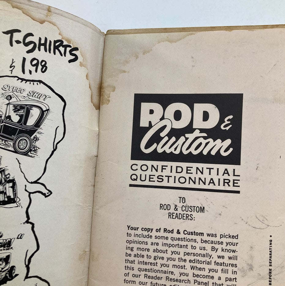 Inside page of VTG Rod & Custom Magazine August 1963 Vol 11 #4 featuring advertisement and questionnaire sections, highlighting engagement with the audience of automotive enthusiasts.