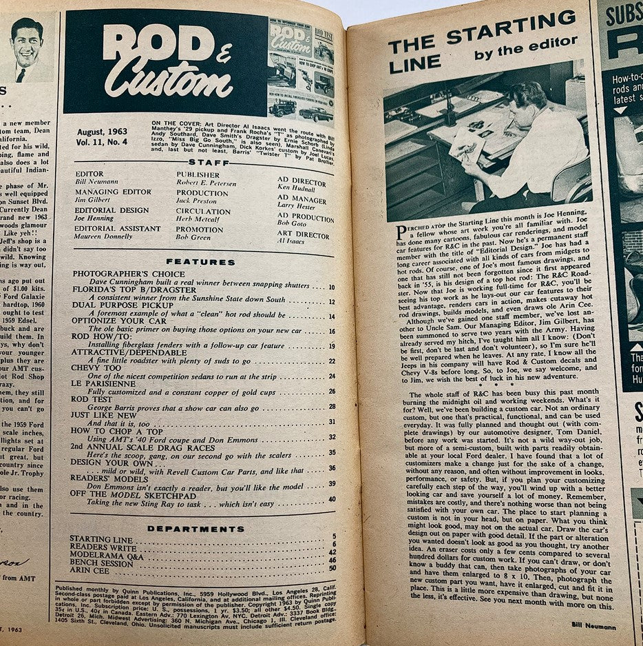 Interior page from VTG Rod & Custom Magazine August 1963 Vol 11 #4, featuring editorial staff details and section highlights related to classic car culture.