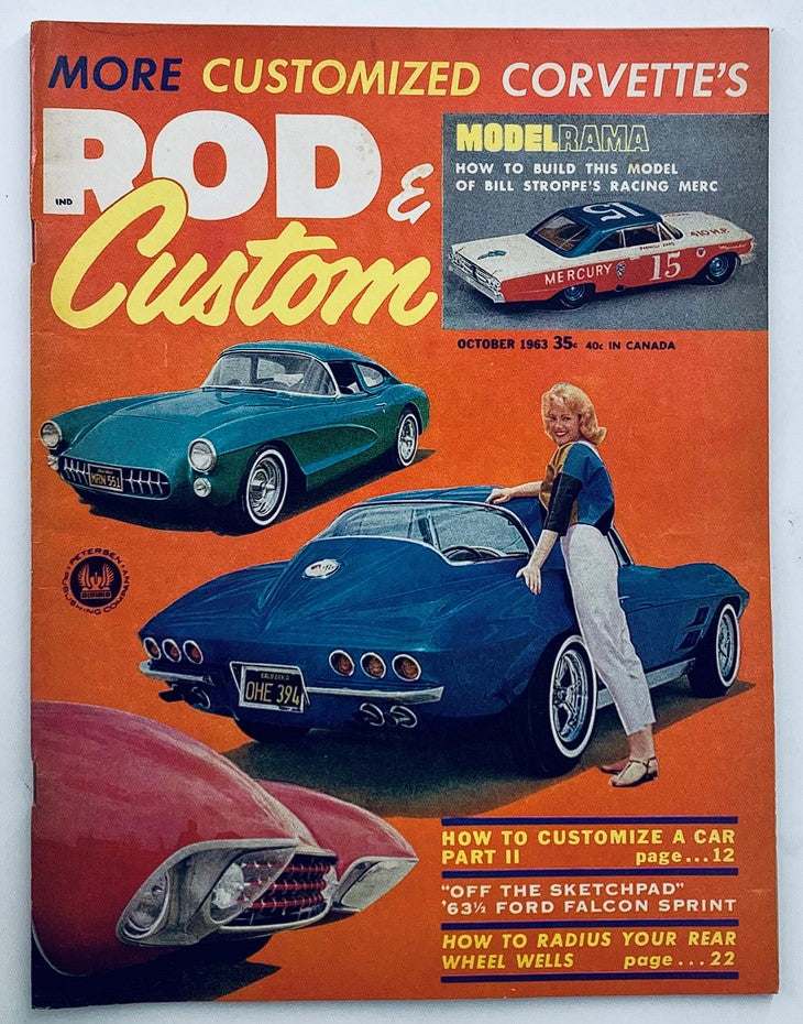 Cover of VTG Rod & Custom Magazine October 1963 Vol 11 #6, featuring customized Corvettes and classic car illustrations, showcasing car customization concepts and tips.