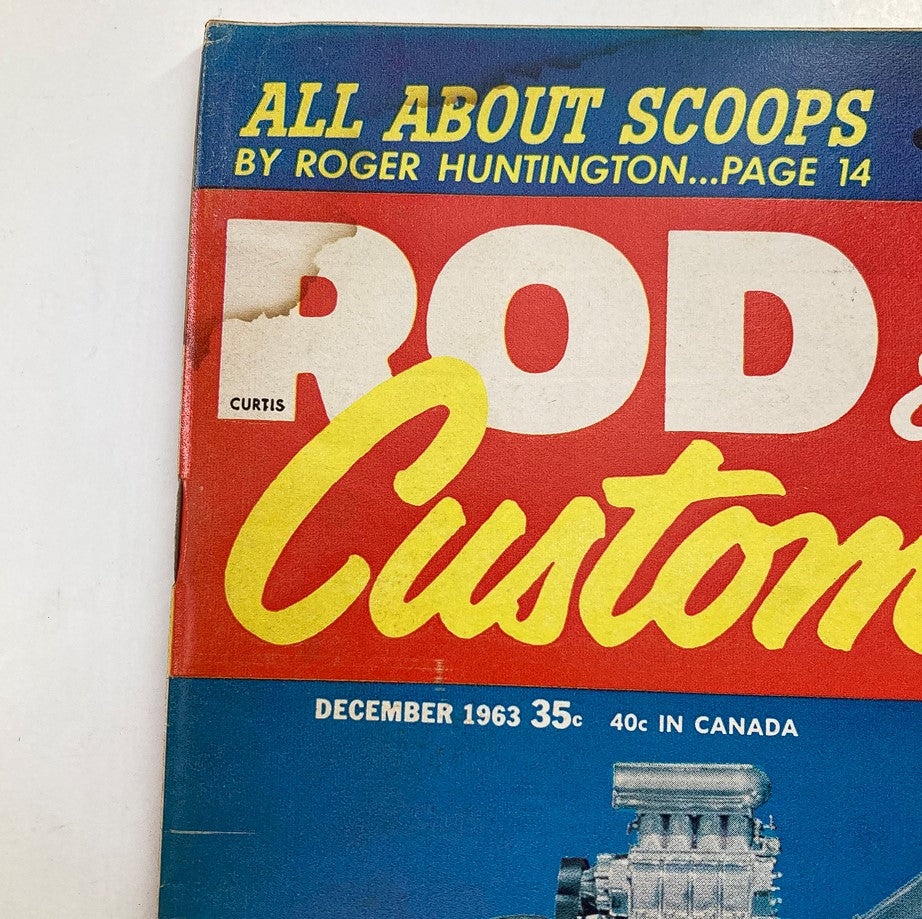Vintage Rod & Custom Magazine December 1963 cover detail showcasing the magazine title with automotive imagery.
