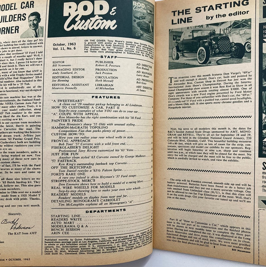Inside page of VTG Rod & Custom Magazine October 1963 Vol 11 #6, displaying editorial staff and featured articles, including car customization techniques and vintage automotive insights.