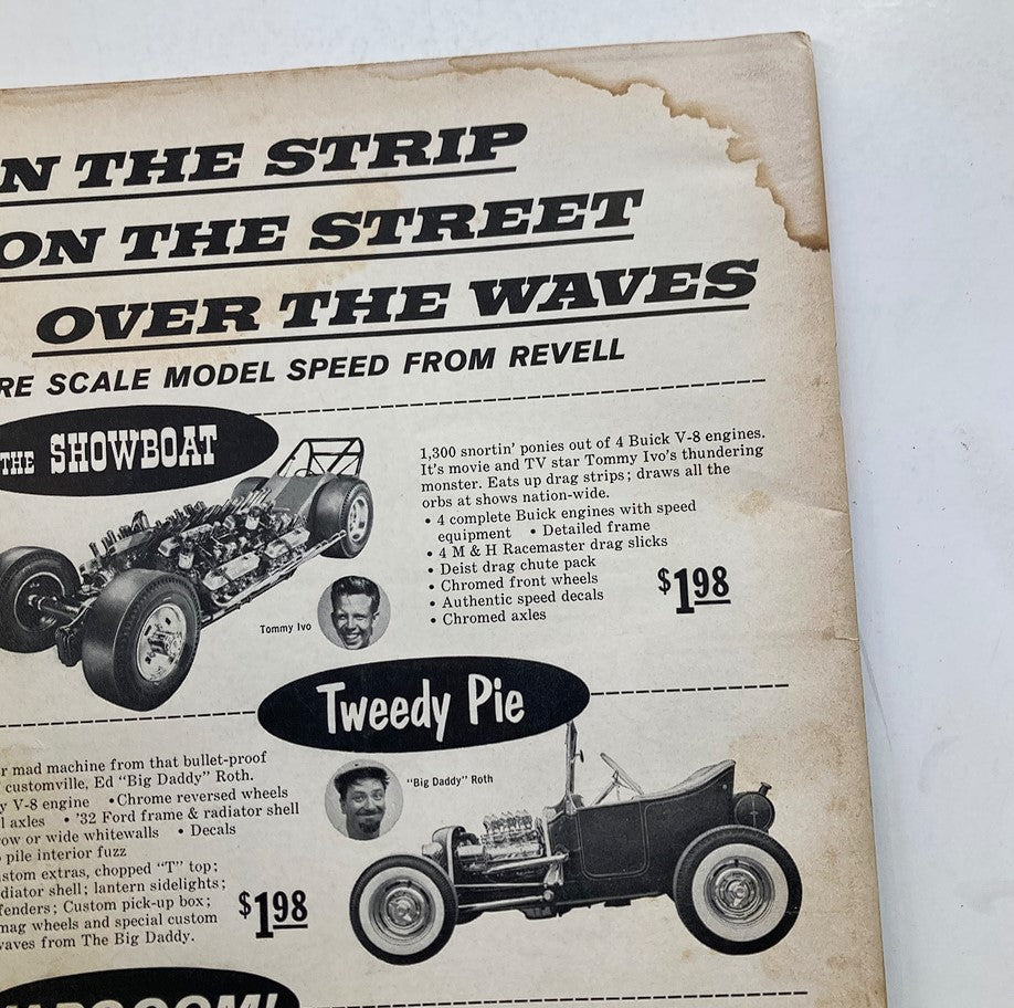 Back cover of VTG Rod & Custom Magazine December 1963 highlighting model car advertisements and iconic racing imagery.