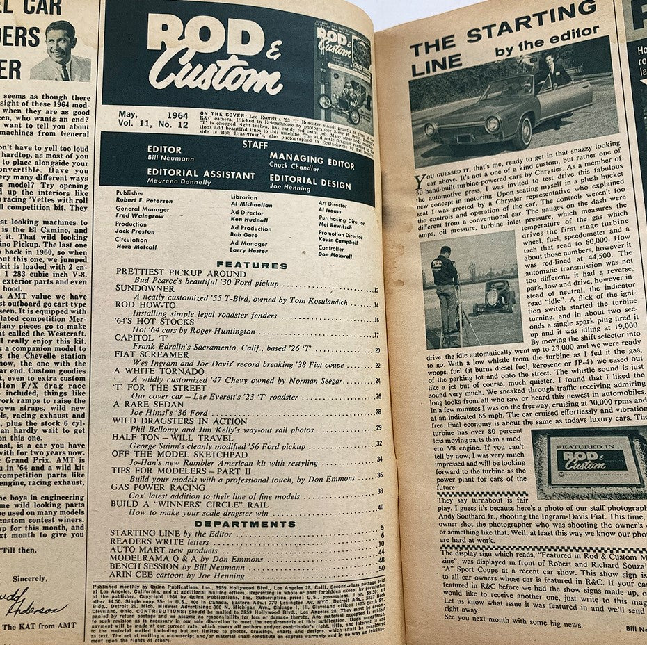 Editorial page of VTG Rod & Custom Magazine May 1964 Vol 11 #12 detailing magazine features and articles on classic cars.