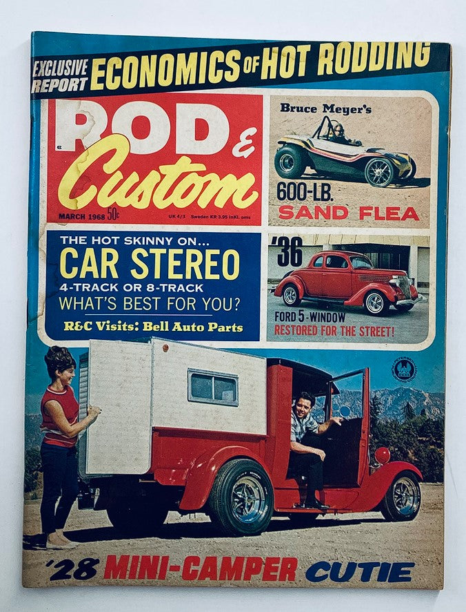 Cover of VTG Rod & Custom Magazine March 1968 Volume 16 Issue 3 featuring '28 Mini-Camper Cutie, highlighting articles on car stereo and hot rodding.