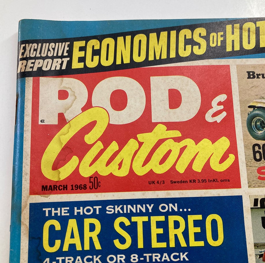 Close-up of the VTG Rod & Custom Magazine March 1968 Volume 16 Issue 3 cover showing details on car stereo options and the '28 Mini-Camper Cutie.