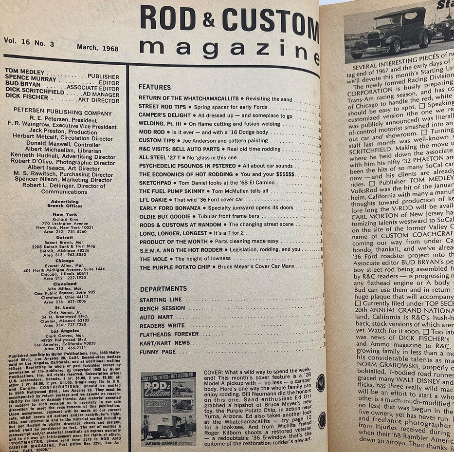 Contents page of VTG Rod & Custom Magazine March 1968 Volume 16 Issue 3 detailing features and articles including economics of hot rodding.