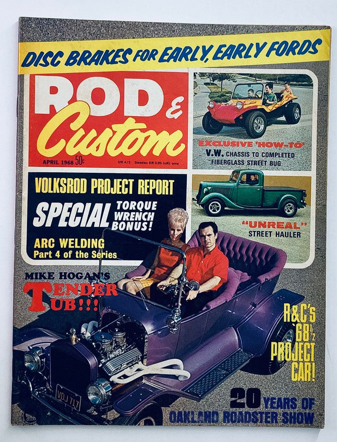 VTG Rod & Custom Magazine April 1968 Vol 16 #4 cover featuring Mike Hogan's 'Tender Tub' and classic car designs.