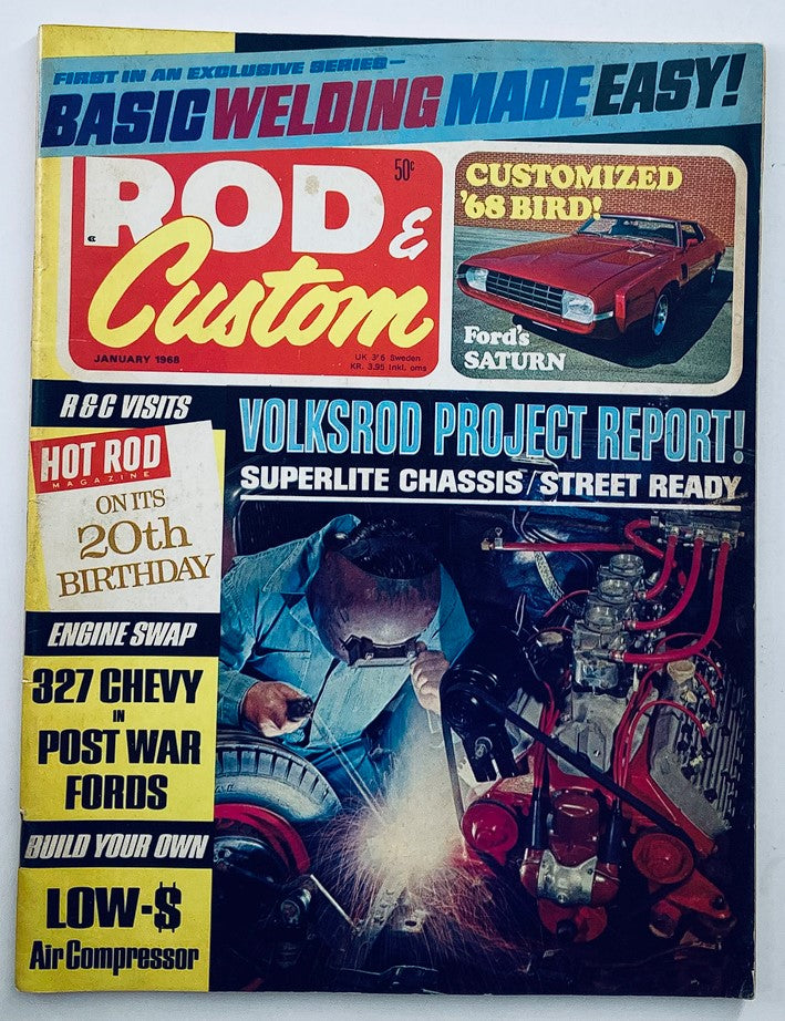Cover of VTG Rod & Custom Magazine January 1968 showcasing '327 Chevy in Post War Fords', featuring welding and automobile themes, Volume 16, Number 1.