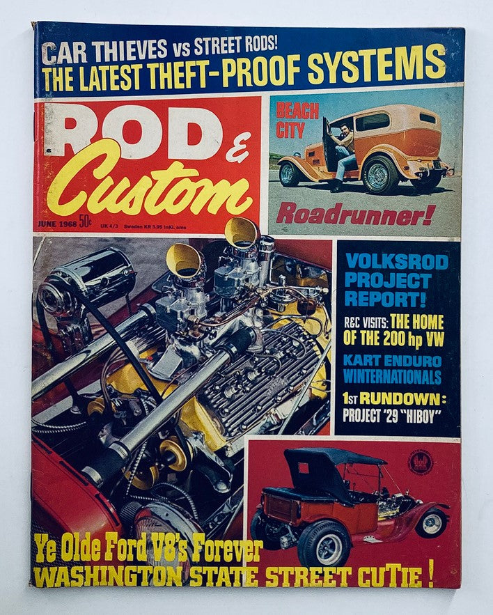 VTG Rod & Custom Magazine June 1968 Vol 16 #6 Ye Olde Ford V8's cover featuring classic automotive design with a Ford V8 engine and vintage car styles.