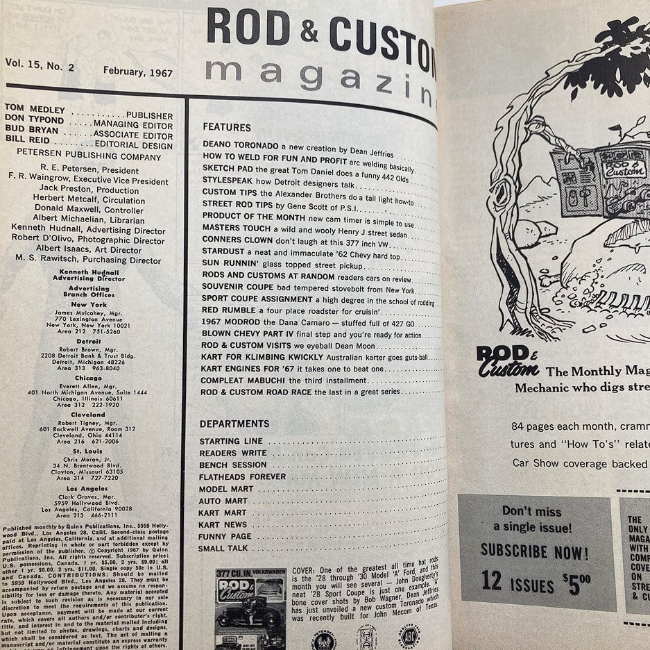 Inside page of VTG Rod & Custom Magazine February 1967 Vol 15 #2, listing features and articles including Deano Toronado and tips for building custom vehicles.