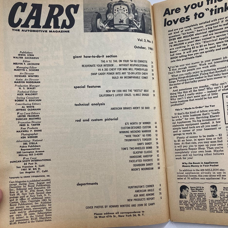 Inside page of VTG Cars Magazine October 1961 Vol 3 #5, detailing articles on automotive innovations, with a focus on customization and features of classic cars.